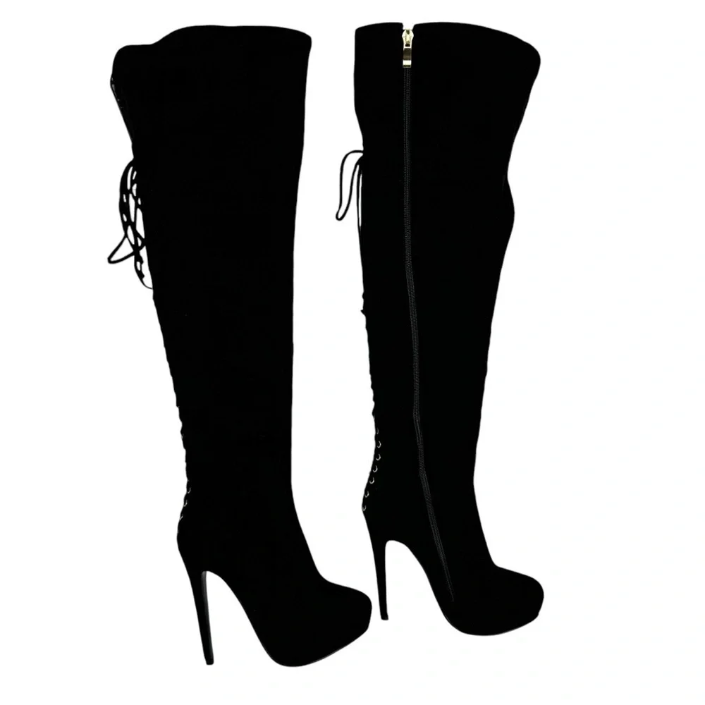 Steve Madden Ladysnte Lace Up Thigh High Boots Platform Black Faux Suede SZ 6.5